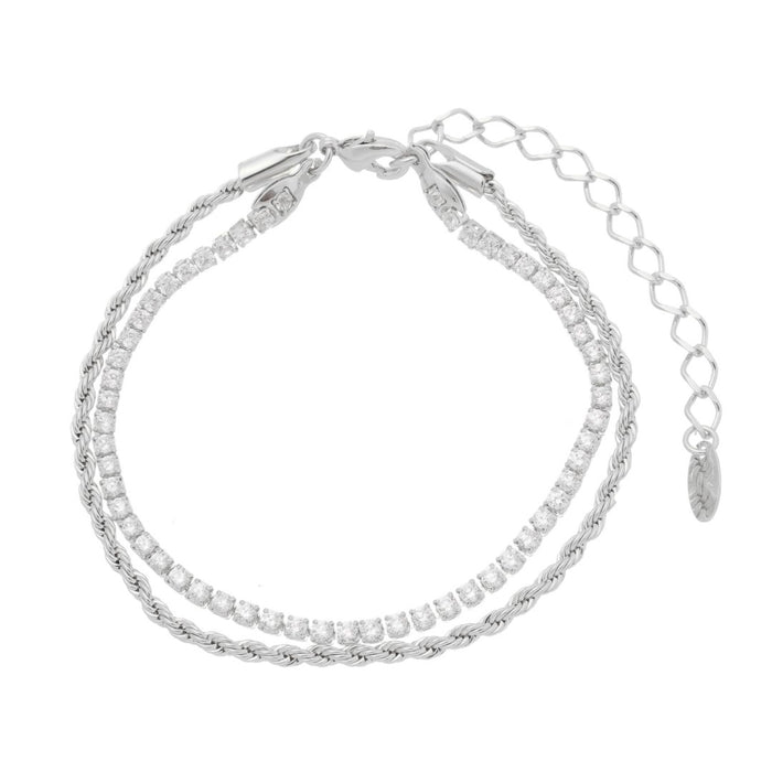 Pulseira Feminina Duas Voltas Cordão Baiano e Zircônias Folheada em Ródio Branco Meg