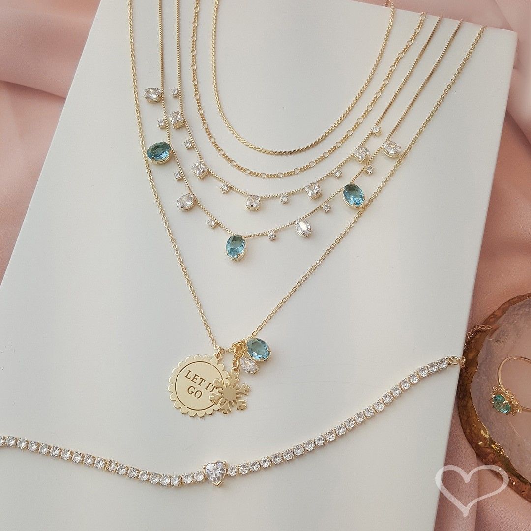 Colar Feminino Amie Zircônias Oval Acqua Folheado a Ouro 18k