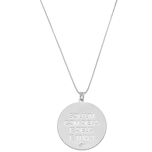 Colar Longo Medalha Sou um com Deus Elos Folheado em Ródio Branco