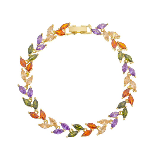 Pulseira Piuka Amber Folhinhas Zircônias Coloridas Folheada a Ouro 18k