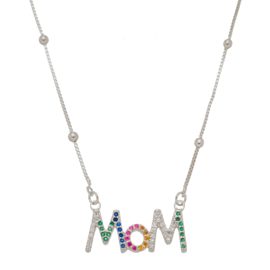 Colar Feminino Mom Zircônias Coloridas Folheado em Ródio Branco