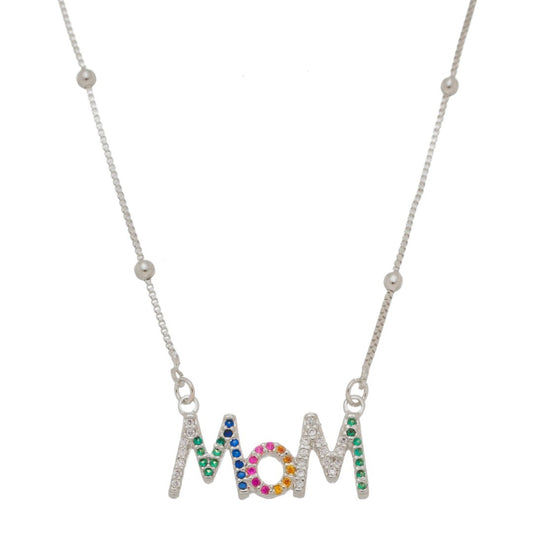 Colar Feminino Mom Zircônias Coloridas Folheado em Ródio Branco