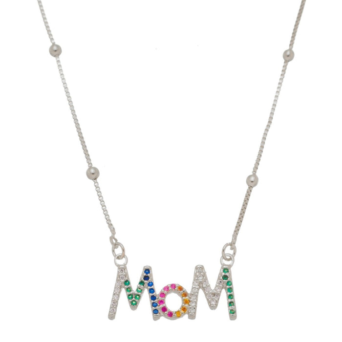 Colar Feminino Mom Zircônias Coloridas Folheado em Ródio Branco
