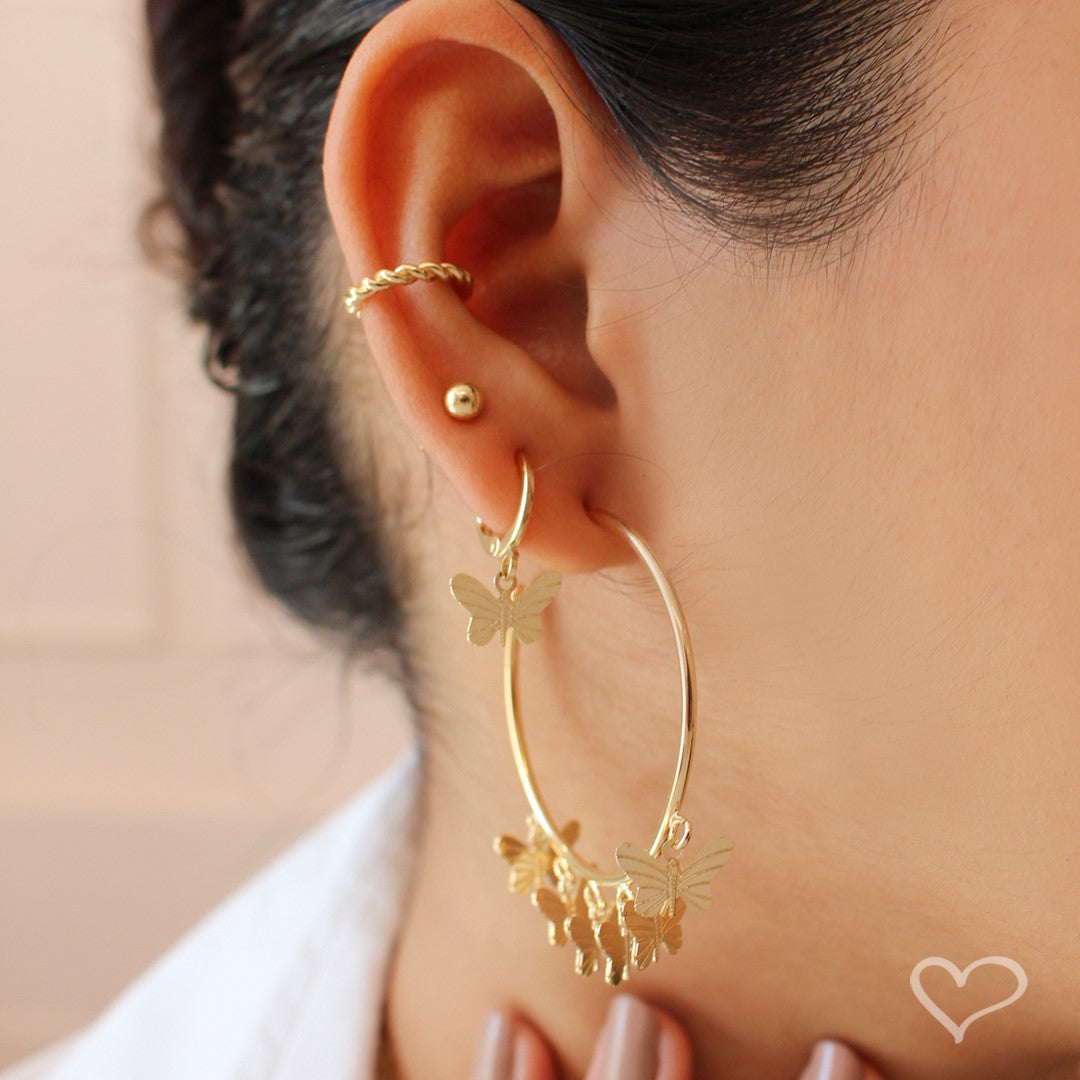Brinco Piuka Argola Linda Borboletas Folheado a Ouro 18k