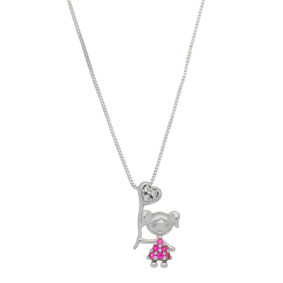 Colar Mãe de Menina Coração Zircônias Pink Folheado em Ródio Branco
