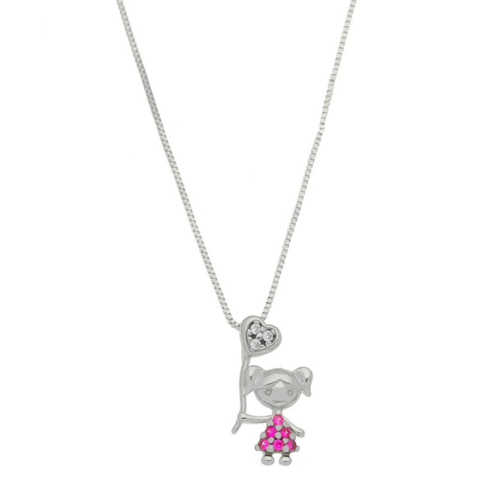 Colar Mãe de Menina Coração Zircônias Pink Folheado em Ródio Branco