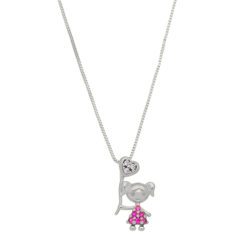 Colar Mãe de Menina Coração Zircônias Pink Folheado em Ródio Branco