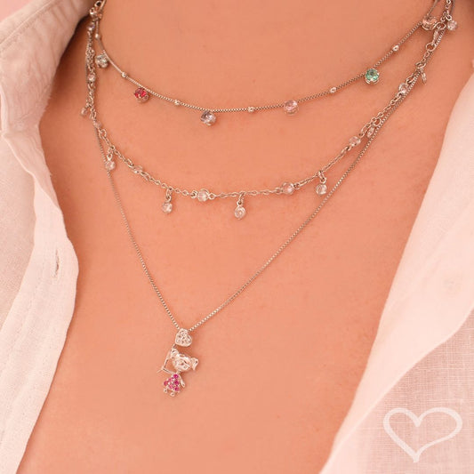 Colar Mãe de Menina Coração Zircônias Pink Folheado em Ródio Branco