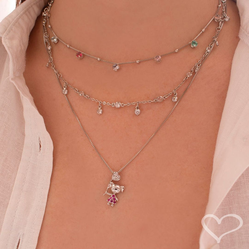 Colar Mãe de Menina Coração Zircônias Pink Folheado em Ródio Branco