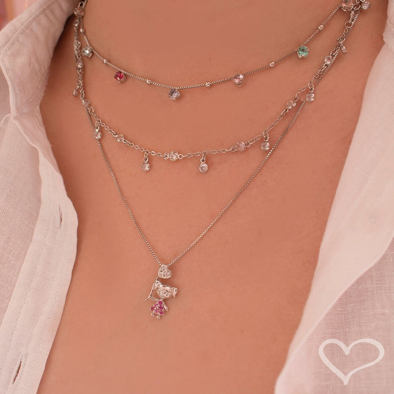 Colar Mãe de Menina Coração Zircônias Pink Folheado em Ródio Branco