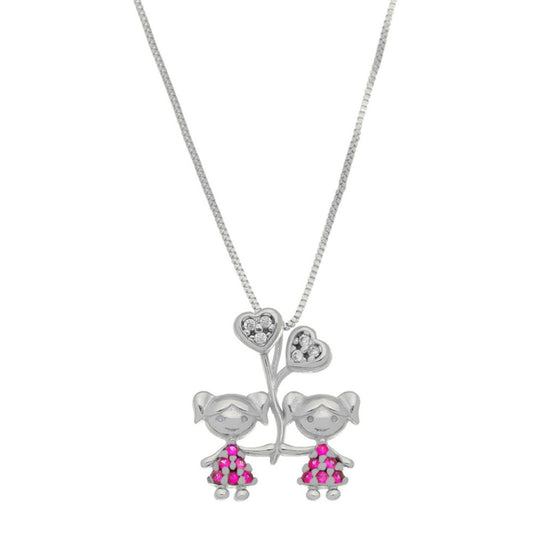 Colar Mãe de Menina Coração Zircônias Pink Folheado em Ródio Branco