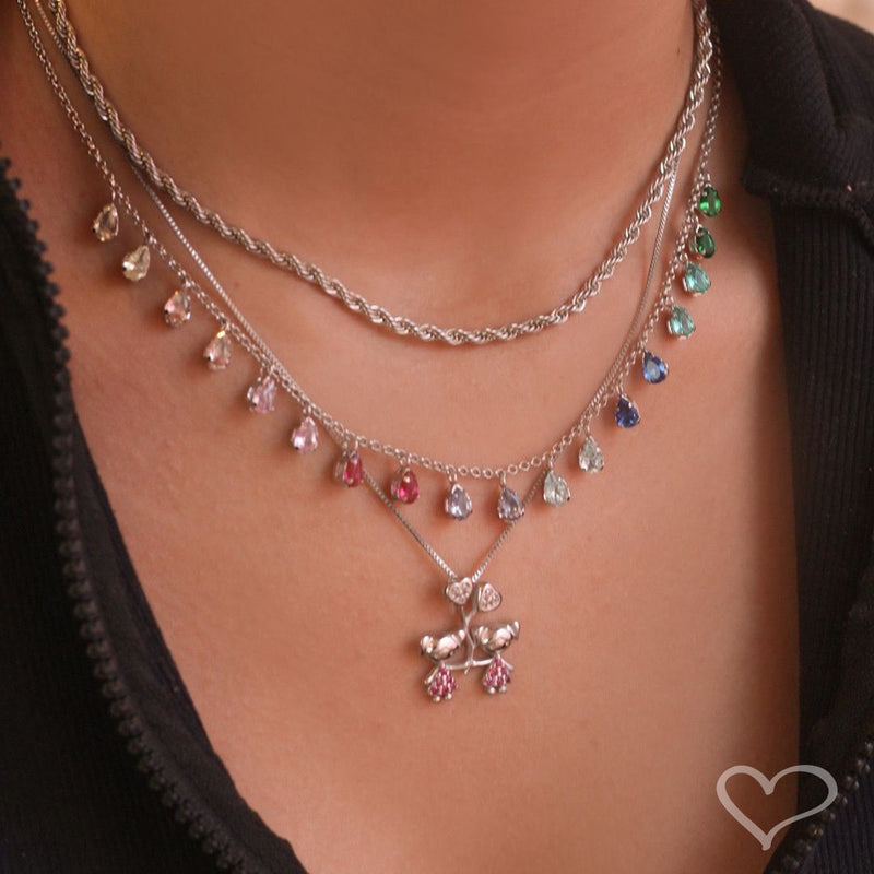 Colar Mãe de Menina Coração Zircônias Pink Folheado em Ródio Branco