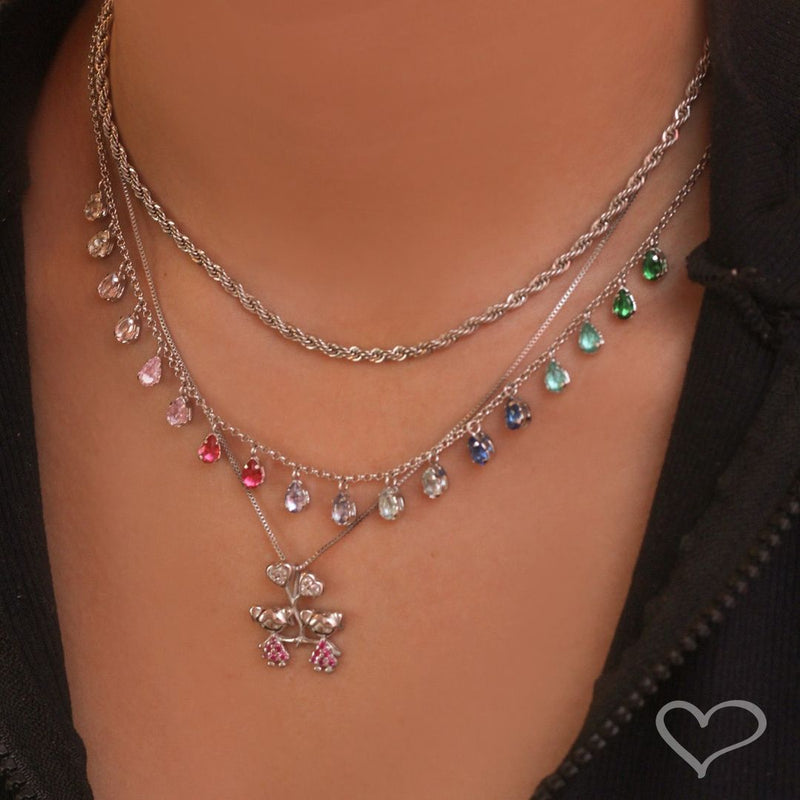 Colar Mãe de Menina Coração Zircônias Pink Folheado em Ródio Branco