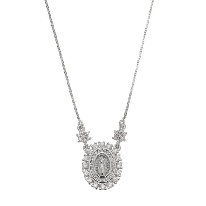 Colar Piuka Medalha Oval Pequena Nossa Senhora das Graças Zircônias Folheado em Ródio Branco
