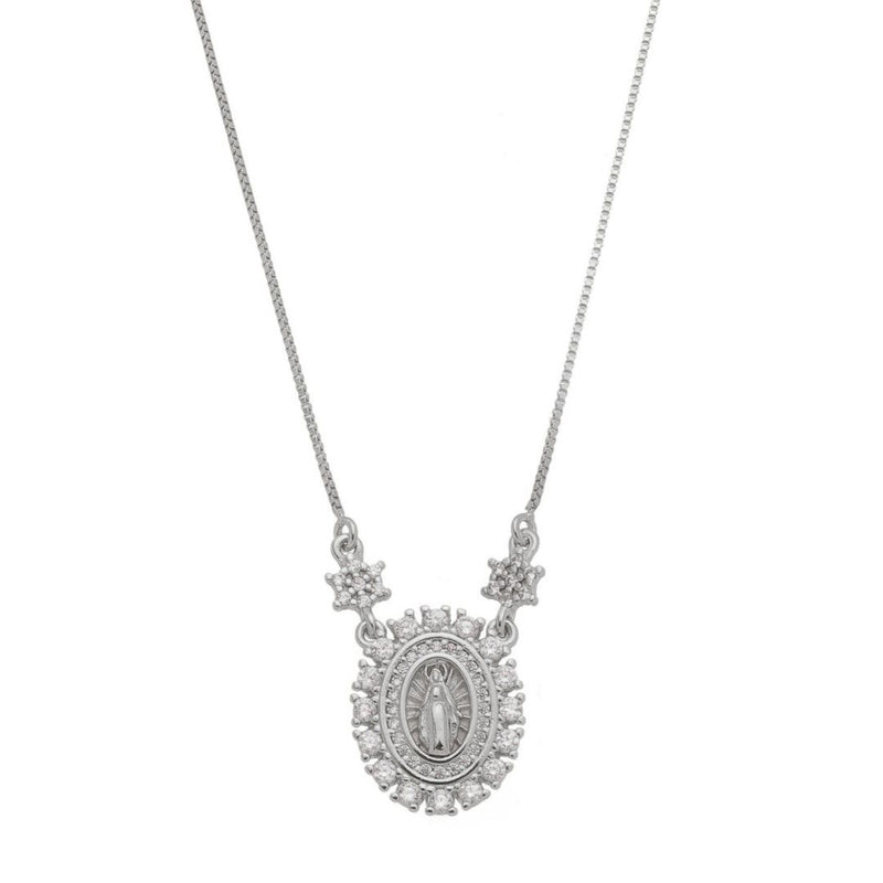 Colar Piuka Medalha Oval Pequena Nossa Senhora das Graças Zircônias Folheado em Ródio Branco