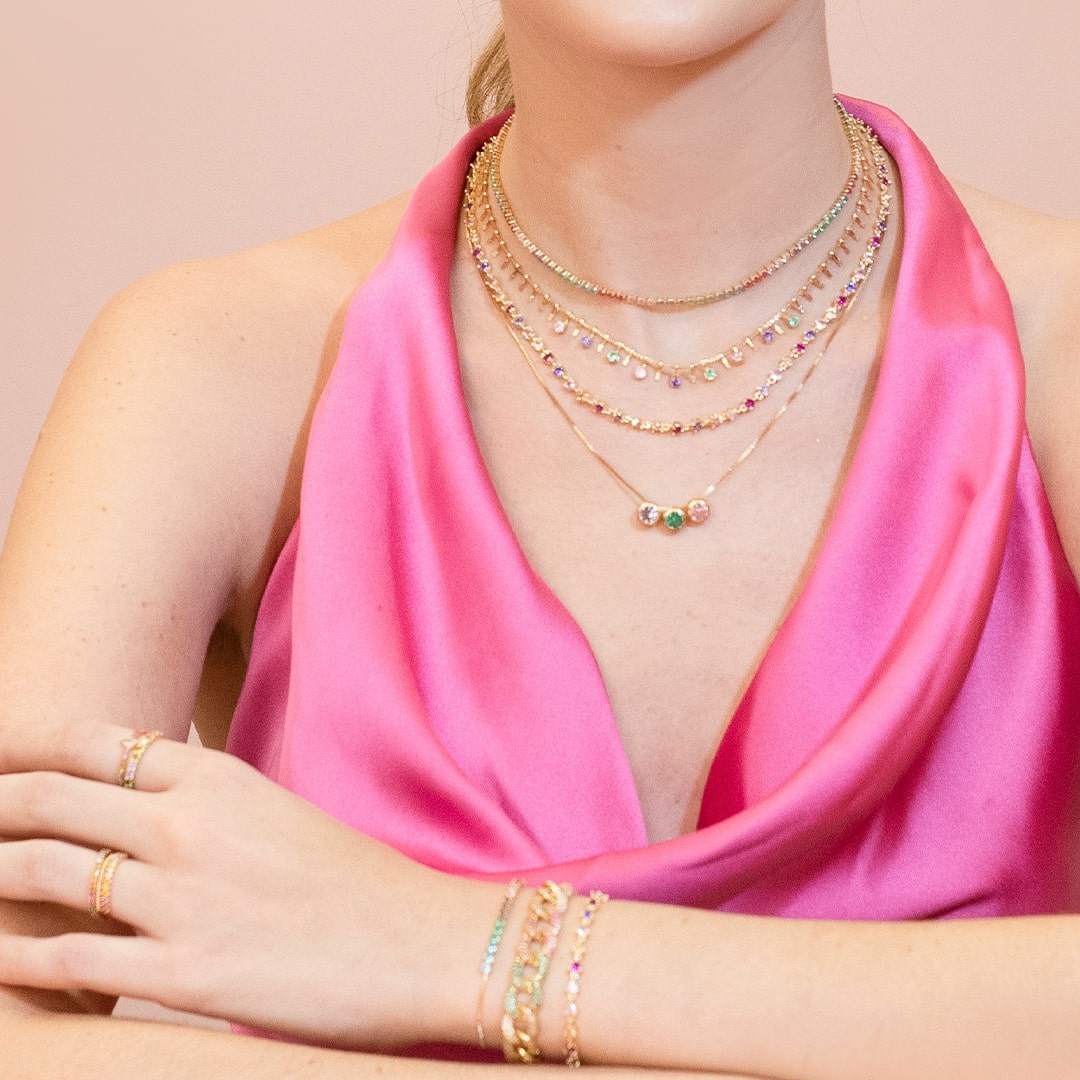 Colar Curto Piuka Sofia Zircônias Lilás Turmalina Rosa Folheado a Ouro 18k