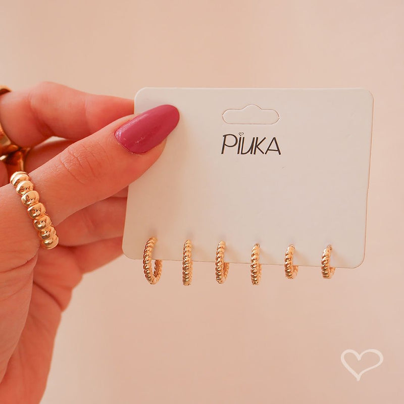 Trio de Brincos Piuka Argolinha Cecília Ondulado Folheado a Ouro 18k