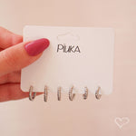 Trio de Brincos Piuka Argolinha Cecília Ondulado Folheado em Ródio Branco