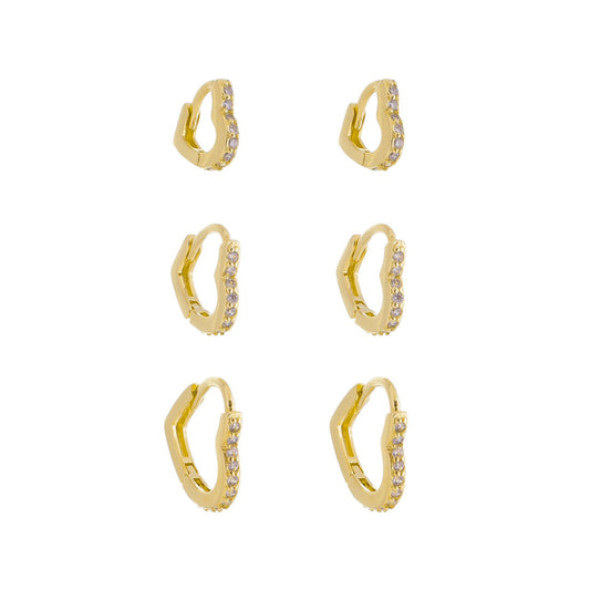 Trio de Brincos Piuka Argolinha Nina Coração Zircônias Folheado a Ouro 18k