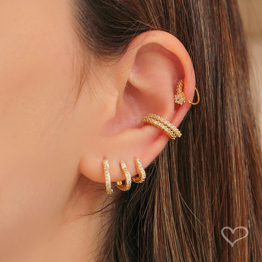 Trio de Brincos Piuka Argolinha Nina Coração Zircônias Folheado a Ouro 18k