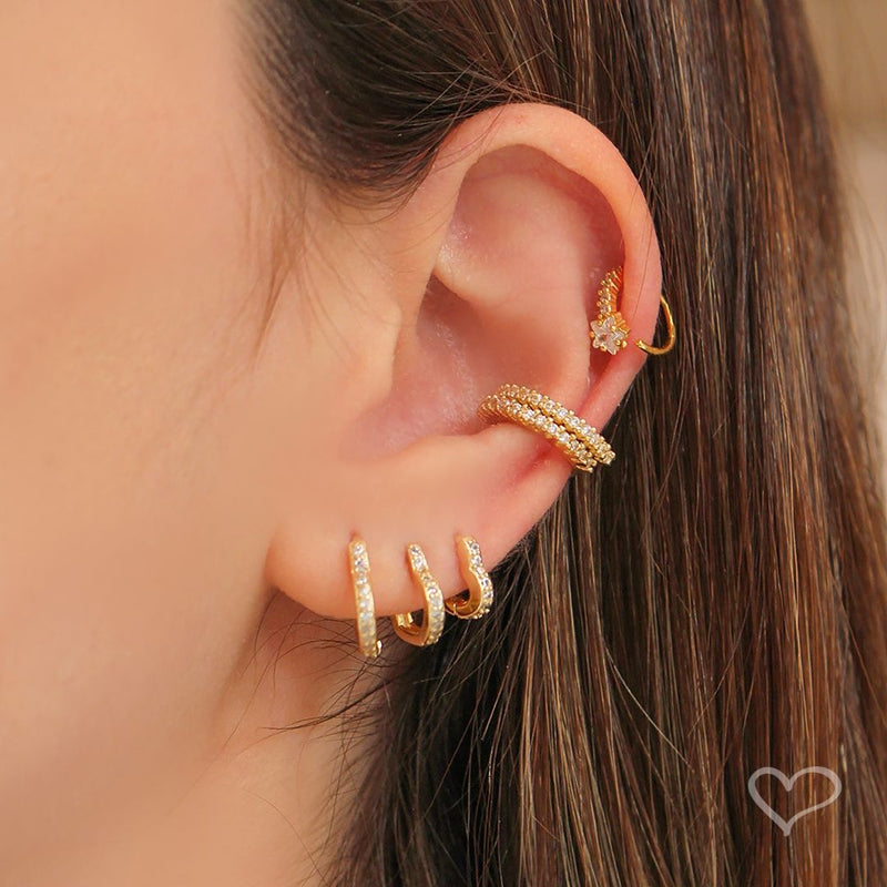 Trio de Brincos Piuka Argolinha Nina Coração Zircônias Folheado a Ouro 18k