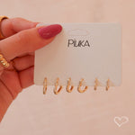 Trio de Brincos Piuka Argolinha Nina Coração Zircônias Folheado a Ouro 18k