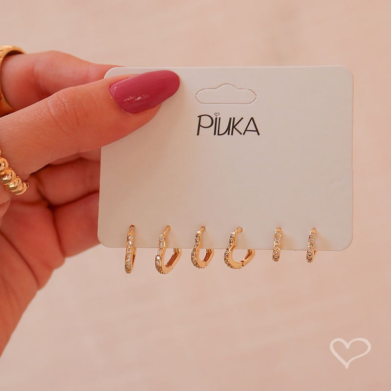 Trio de Brincos Piuka Argolinha Nina Coração Zircônias Folheado a Ouro 18k