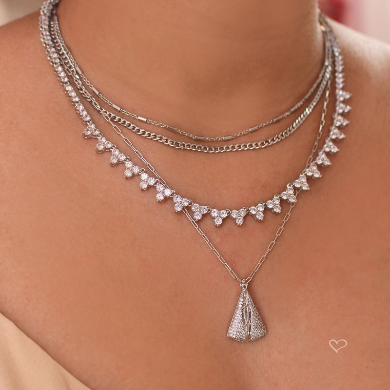 Colar Nossa Senhora Zircônias Folheado em Ródio Branco Piuka