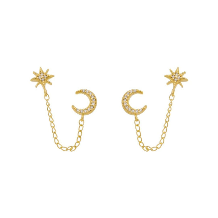 Brinco Piuka Nina Lua Estrela Guia Zircônias Folheado a Ouro 18k