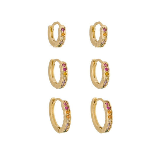 Trio de Brincos Piuka Camila Argolinha Zircônias Coloridas Folheado a Ouro 18k