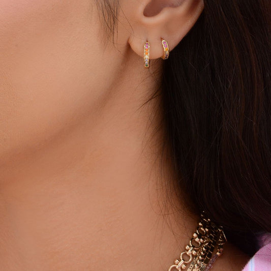 Trio de Brincos Piuka Camila Argolinha Zircônias Coloridas Folheado a Ouro 18k