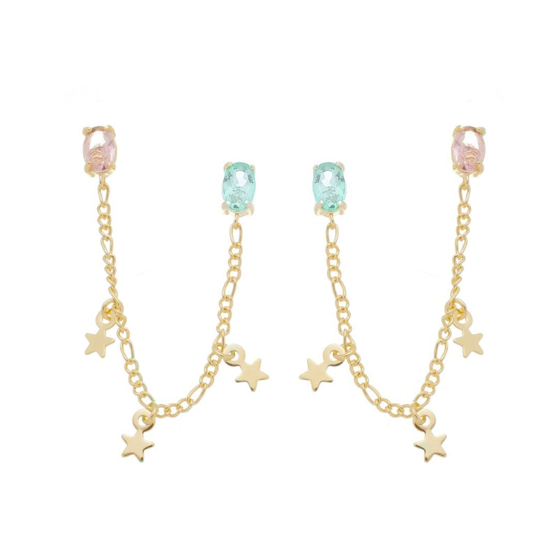 Brinco Laura Zircônias Turmalina e Rosa Estrelas Folheado a Ouro 18k