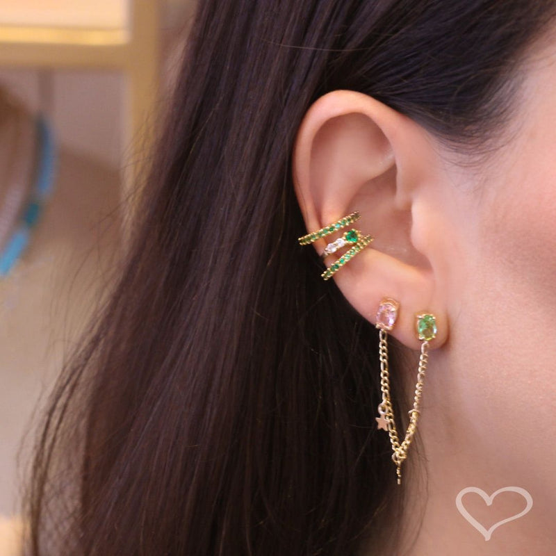 Brinco Laura Zircônias Turmalina e Rosa Estrelas Folheado a Ouro 18k