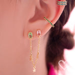 Brinco Laura Zircônias Turmalina e Rosa Estrelas Folheado a Ouro 18k