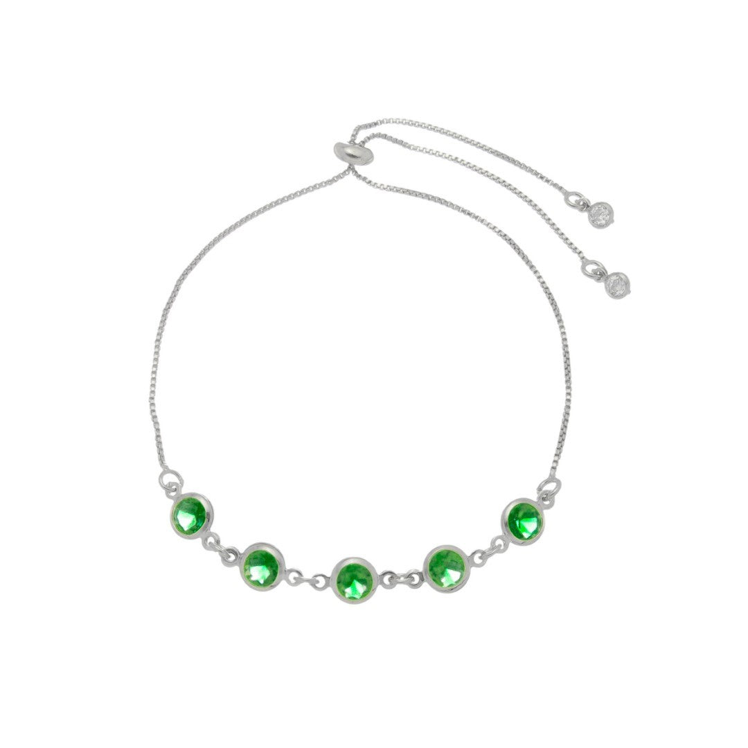 Pulseira Ajustavél Folheada em Ródio Branco Betina Zicônias Esmeralda