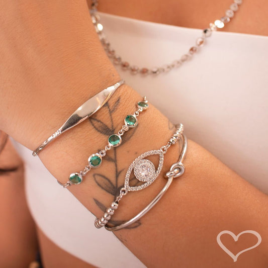Pulseira Ajustavél Folheada em Ródio Branco Betina Zicônias Esmeralda