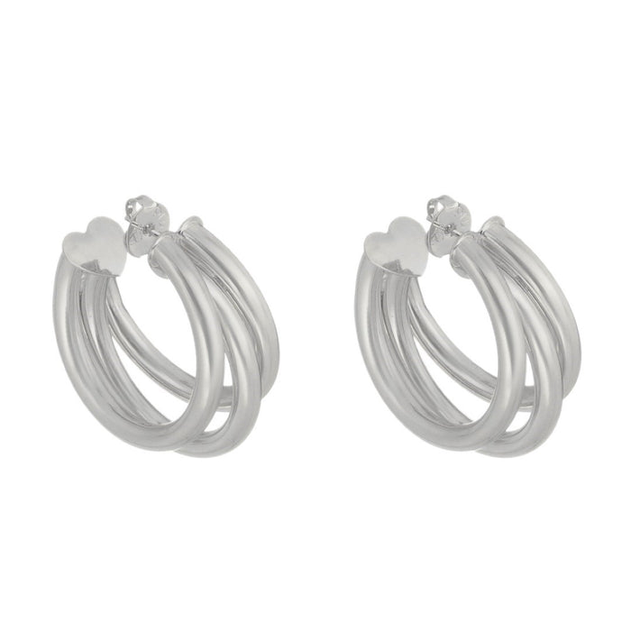 Brinco de Argola Tripla Tubo Liso Enola G Folheado em Ródio Branco