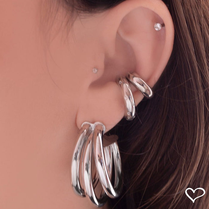 Brinco de Argola Tripla Tubo Liso Enola G Folheado em Ródio Branco