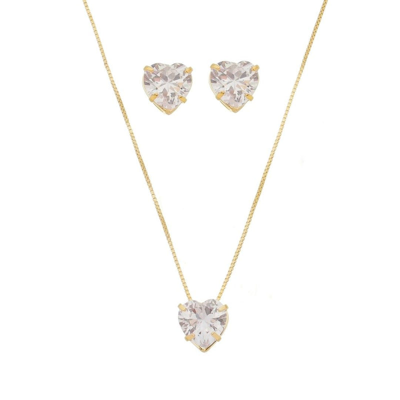 Conjunto Colar e Brinco Lelê Coração Zircônia Folheado a Ouro 18k