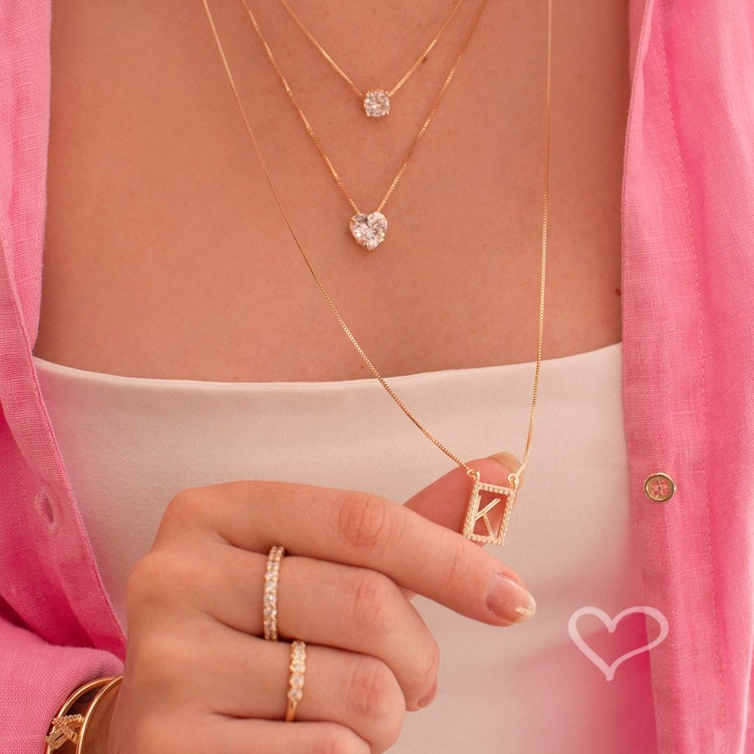 Conjunto Colar e Brinco Lelê Coração Zircônia Folheado a Ouro 18k