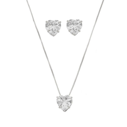Conjunto Colar e Brinco Lelê Coração Zircônia Folheado em Ródio Branco
