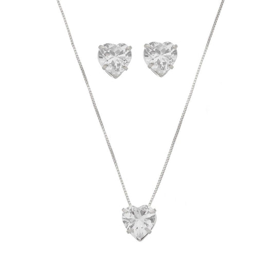 Conjunto Colar e Brinco Lelê Coração Zircônia Folheado em Ródio Branco