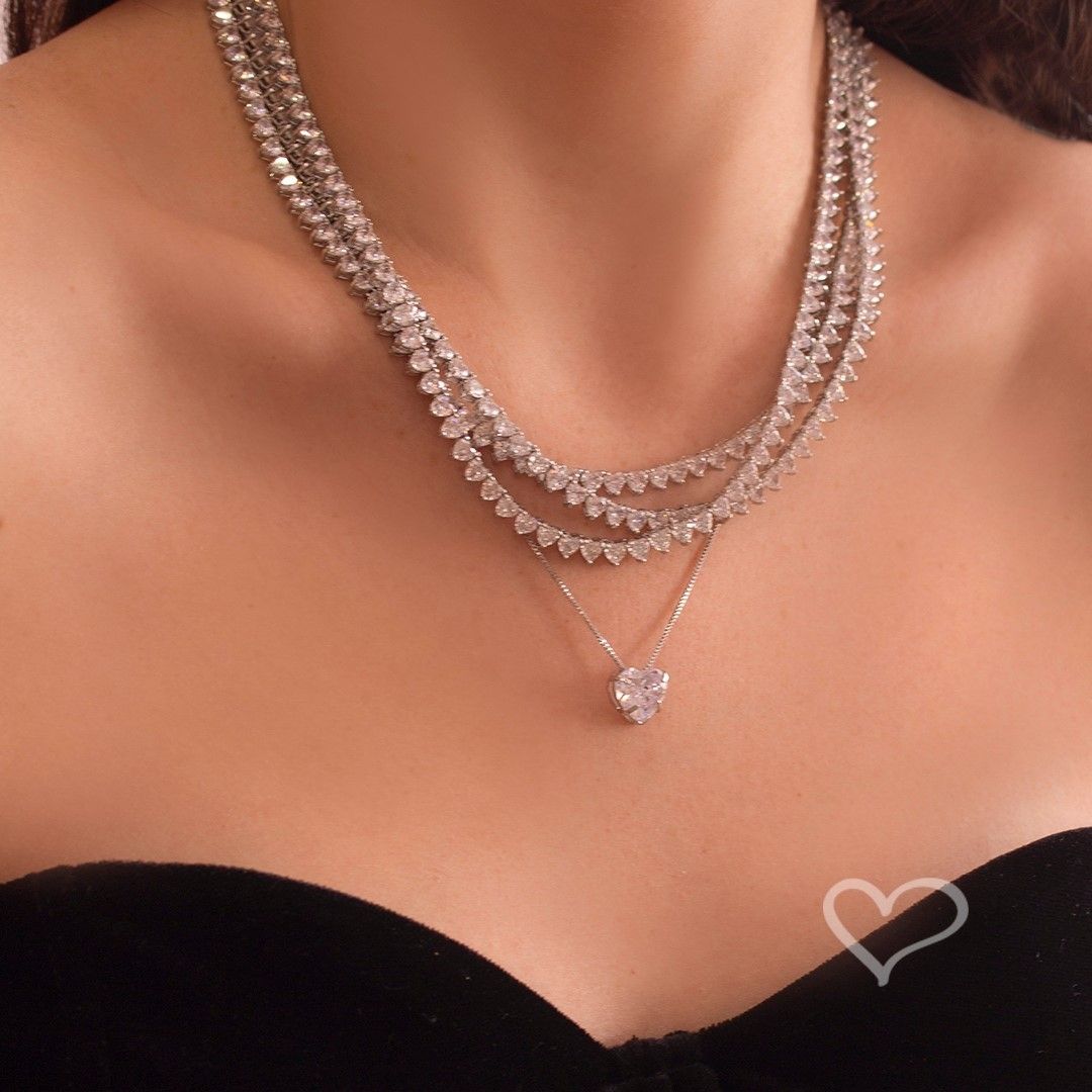 Conjunto Colar e Brinco Lelê Coração Zircônia Folheado em Ródio Branco