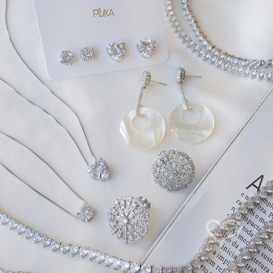 Conjunto Colar e Brinco Lelê Coração Zircônia Folheado em Ródio Branco