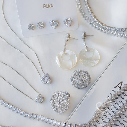 Conjunto Colar e Brinco Lelê Coração Zircônia Folheado em Ródio Branco