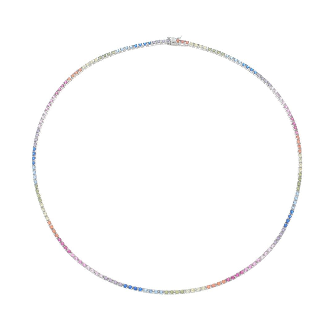 Colar Riviera Celine 45 cm Zicônias Coloridas Prata 925 Banhado em Ródio Branco