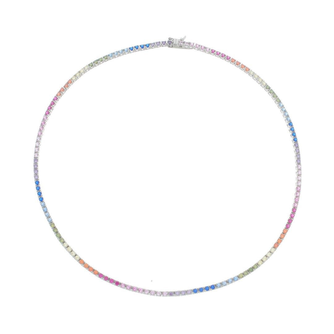 Colar Riviera Celine 38 cm Zicônias Coloridas Prata 925 Banhado em Ródio Branco