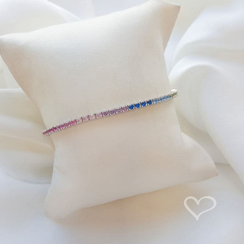 Pulseira Feminina Riviera Zicônias Coloridas Prata 925 Banhada em Ródio Branco Celine