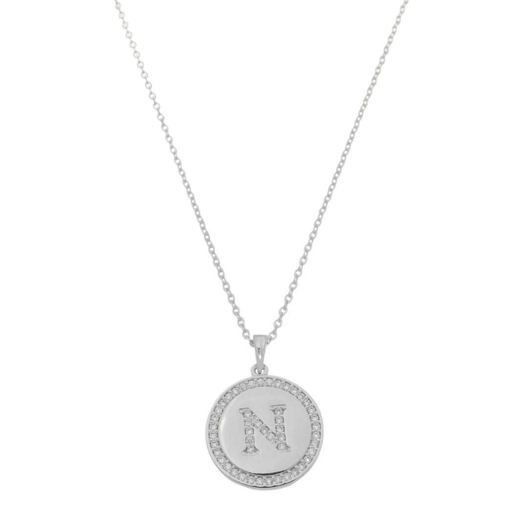 Colar Medalha Thassia Letra Nome Zircônias Folheado em Ródio Branco