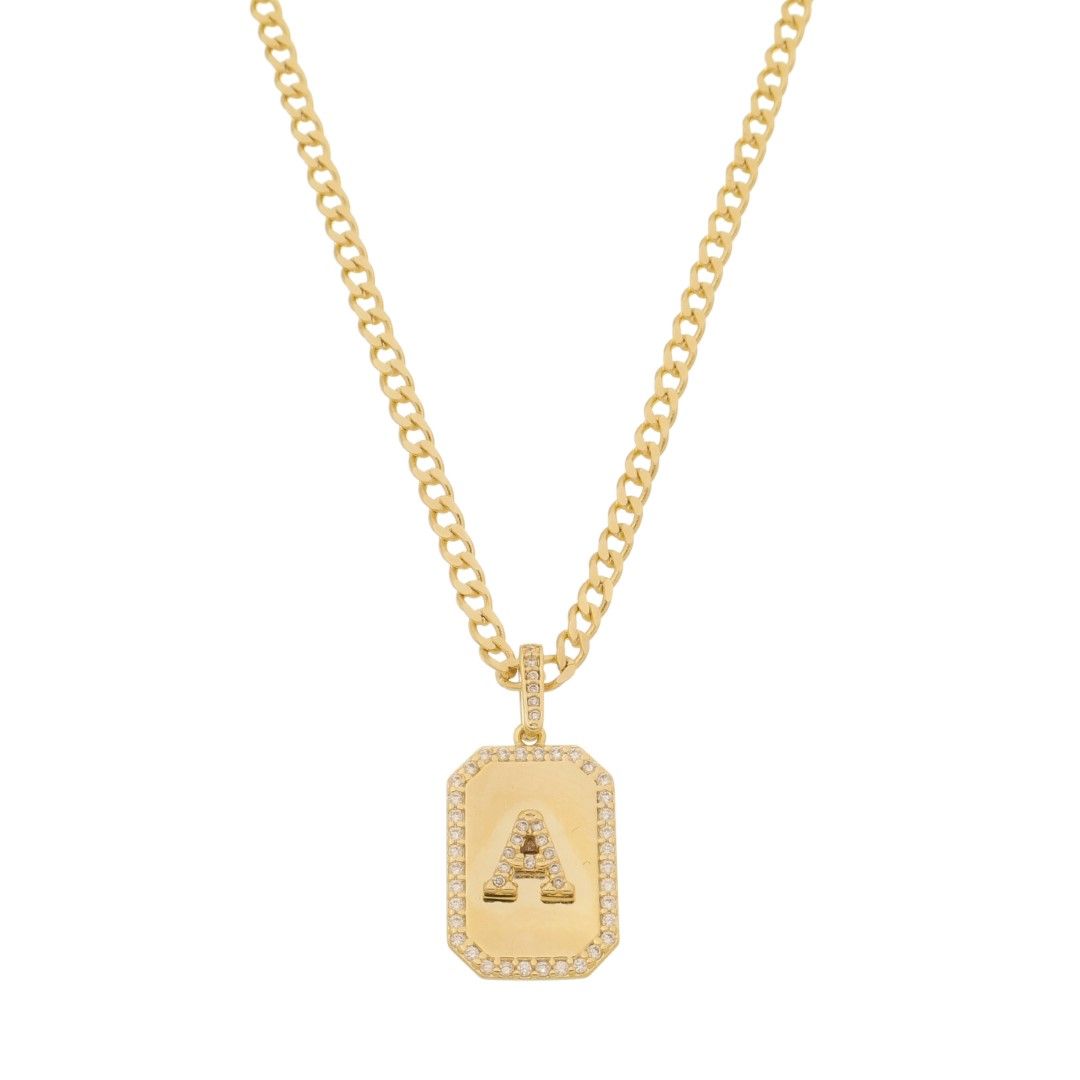 Colar Placa Vintage Letra Inicial a Zircônias Folheado a Ouro 18k